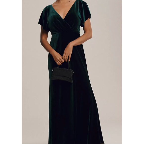 Jenny Yoo Ellis Flutter-Sleeve Open-Back Stretch Velvet Gown size 14 - Picture 1 of 5